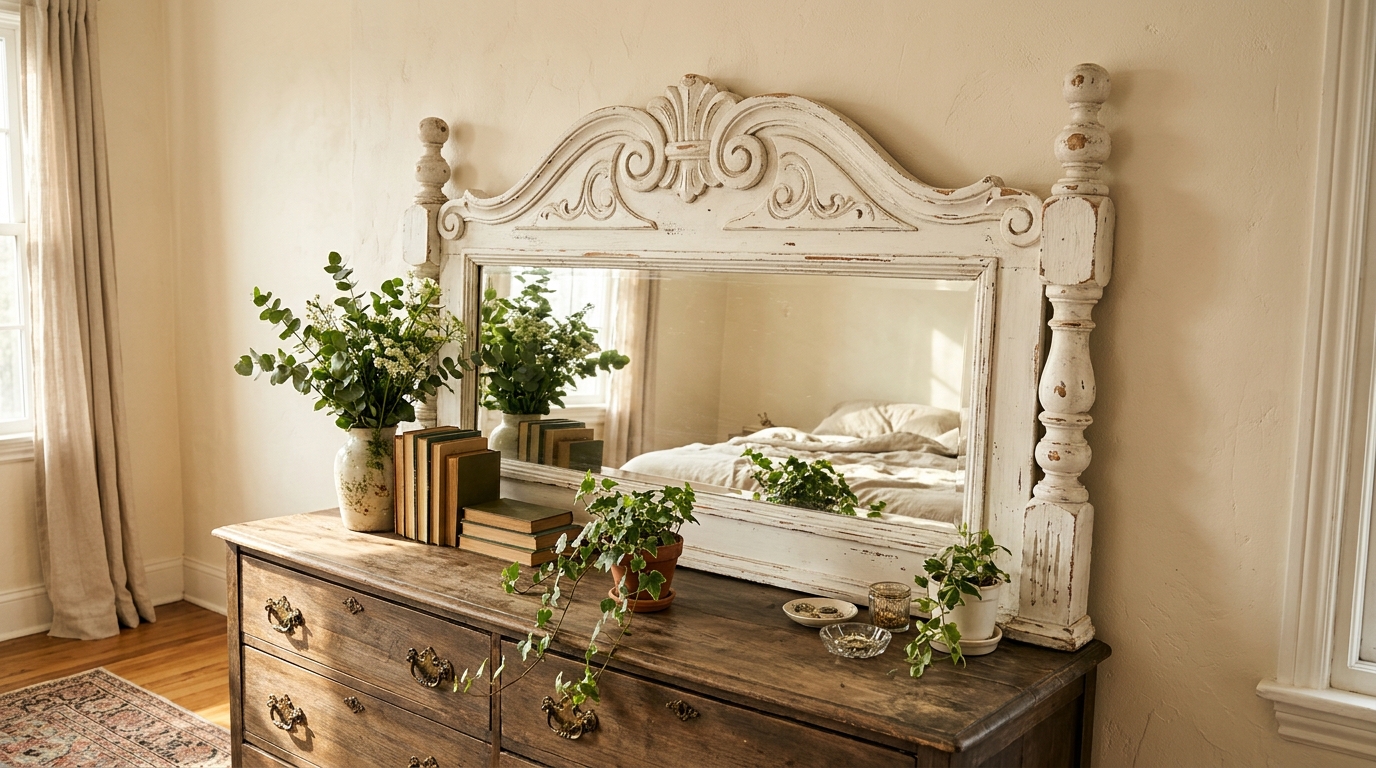 White painted ornate headboard used as a frame around a large mirror