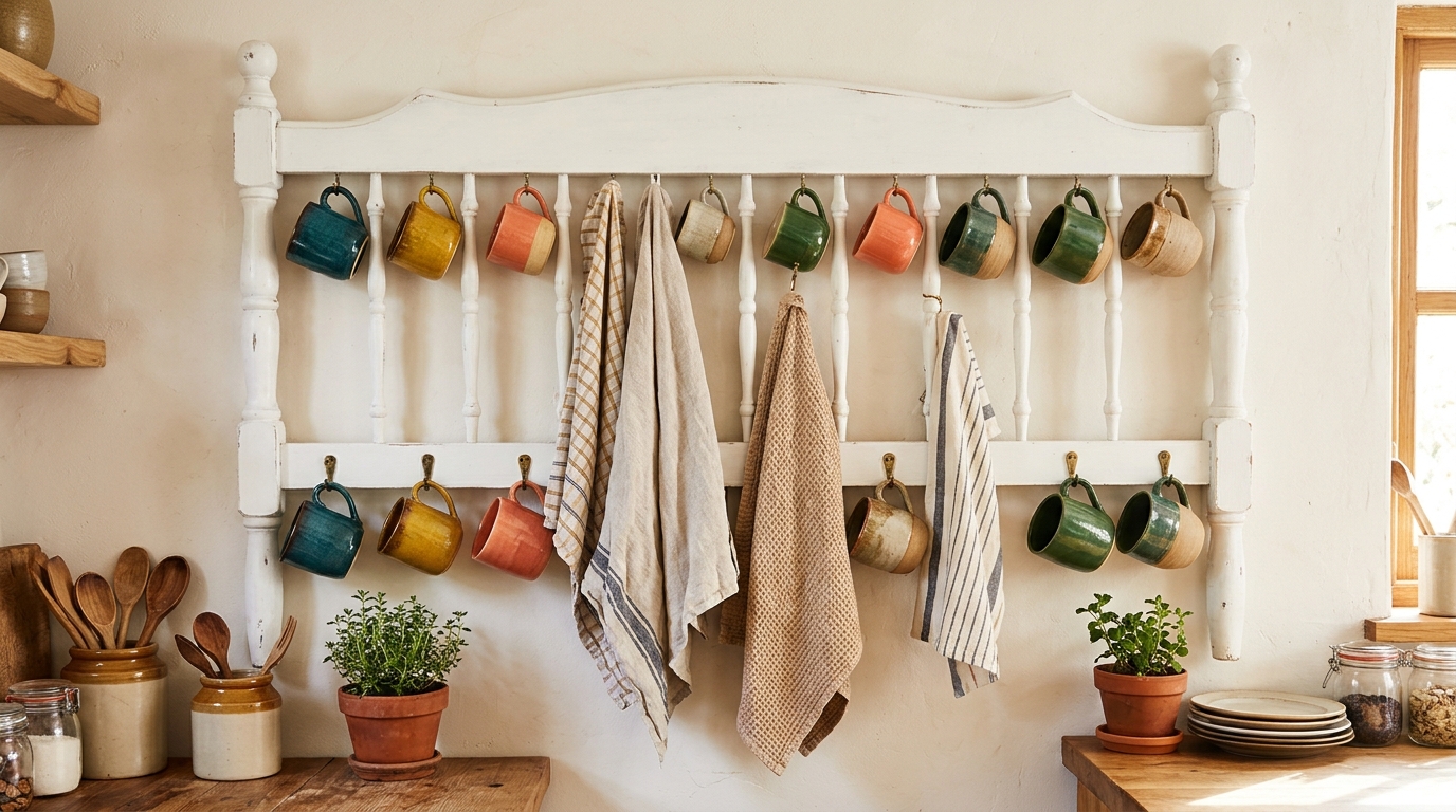 White spindle headboard mounted on a kitchen wall with hooks holding mugs and towels
