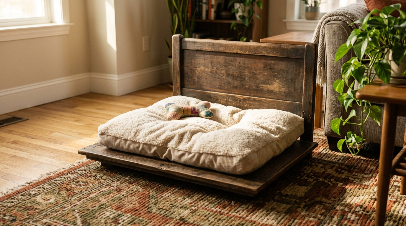 Old headboard ideas for pets: a small headboard attached to a low platform with a cushion