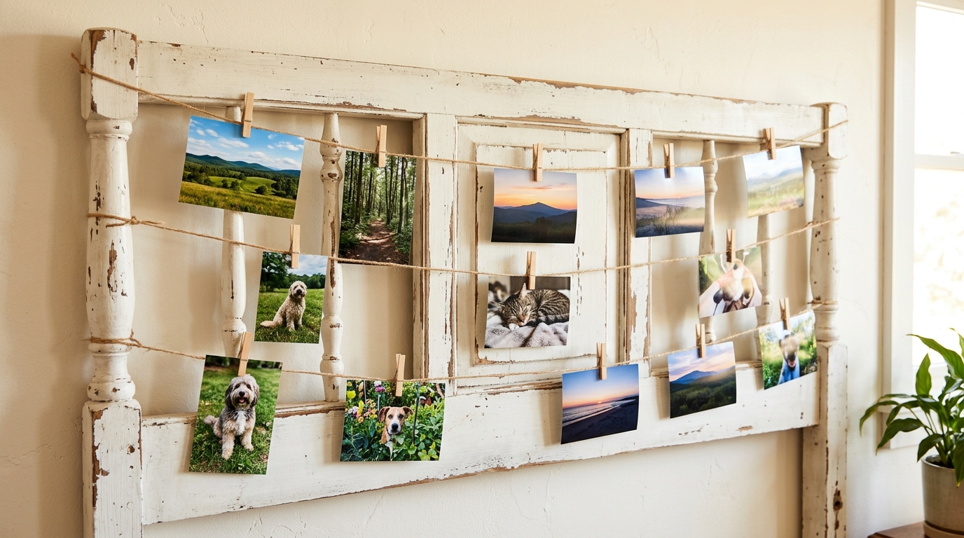 White headboard on a wall with twine and clothespins holding photos
