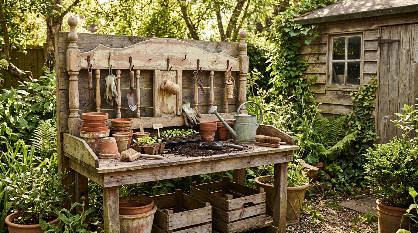Old wooden headboard as the back of a potting bench with tools and clay pots