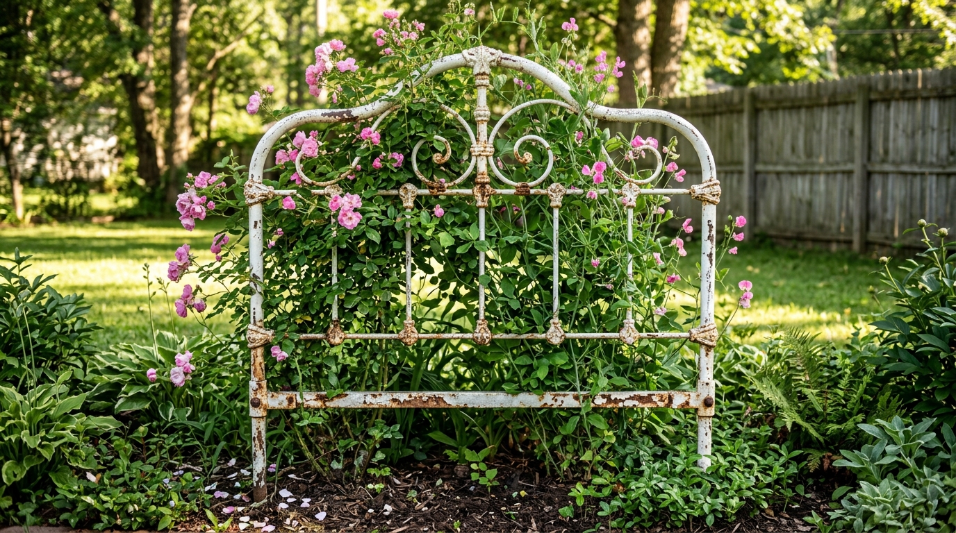 Old headboard ideas for the garden: a white iron headboard used as a trellis with flowering vines