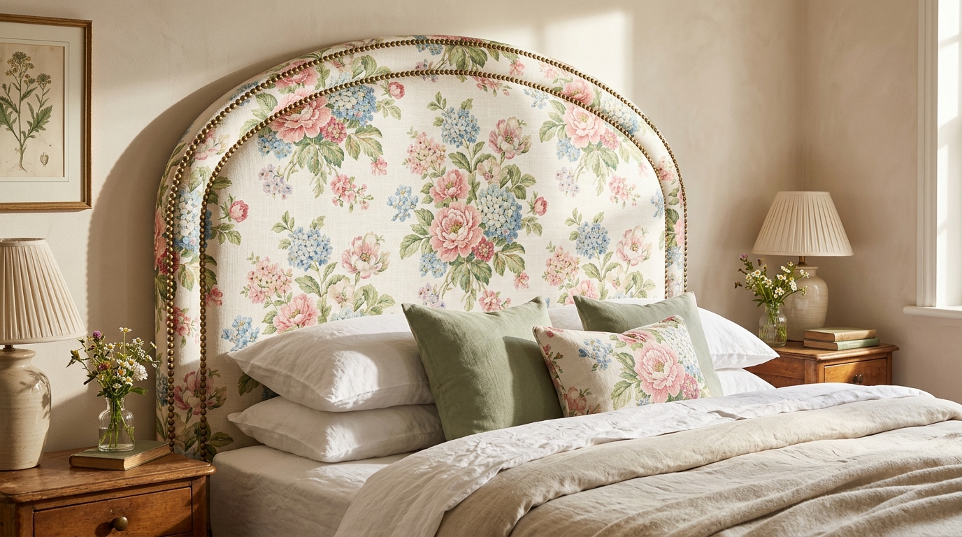 Upholstered headboard recovered in floral fabric with nailhead trim in a guest room