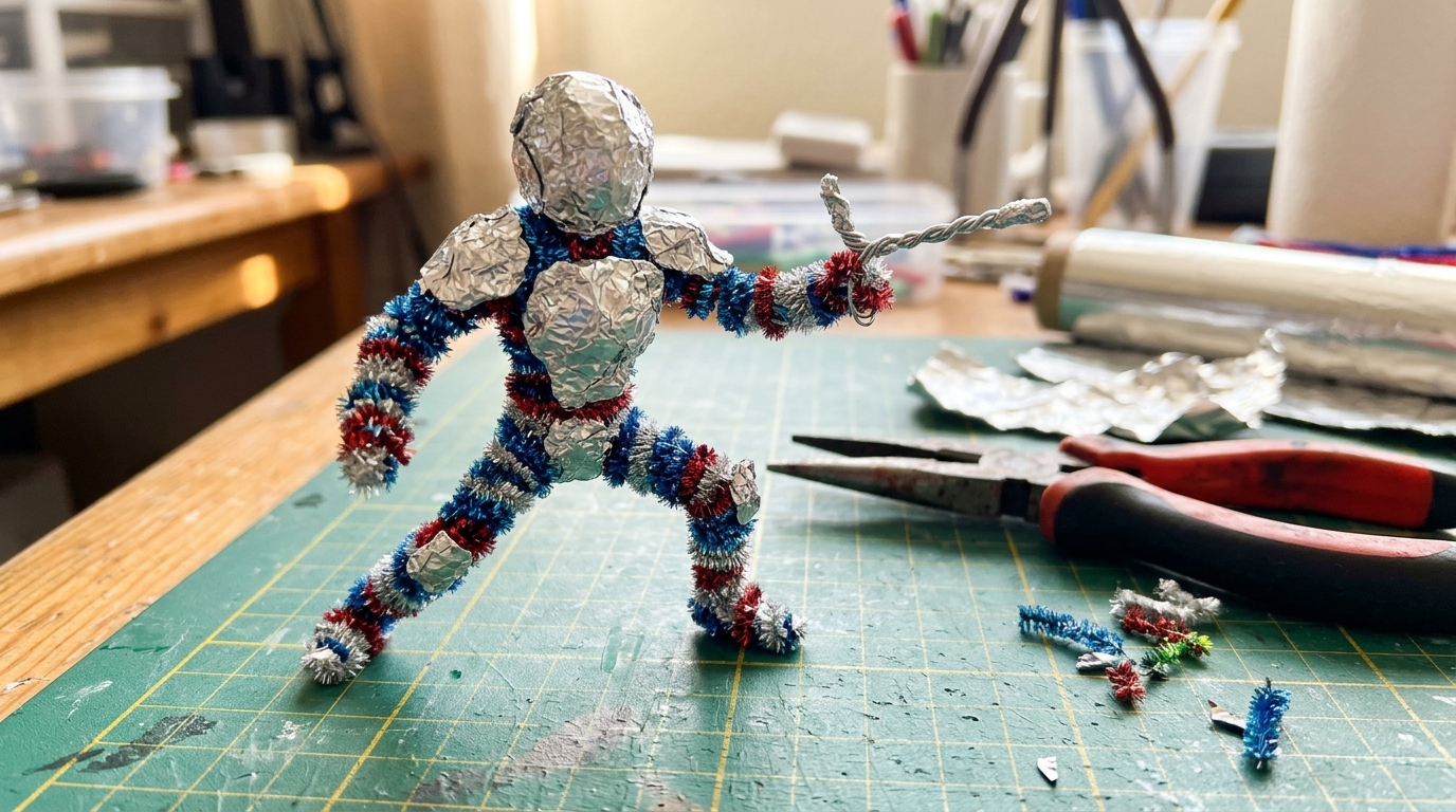 Stop motion crafts idea: a posable figure made from pipe cleaners and foil