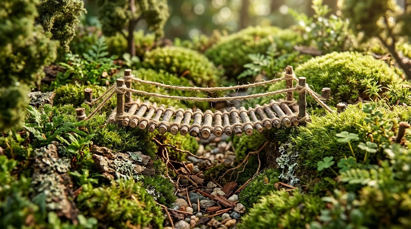 Twig and string rope bridge across a mossy miniature forest