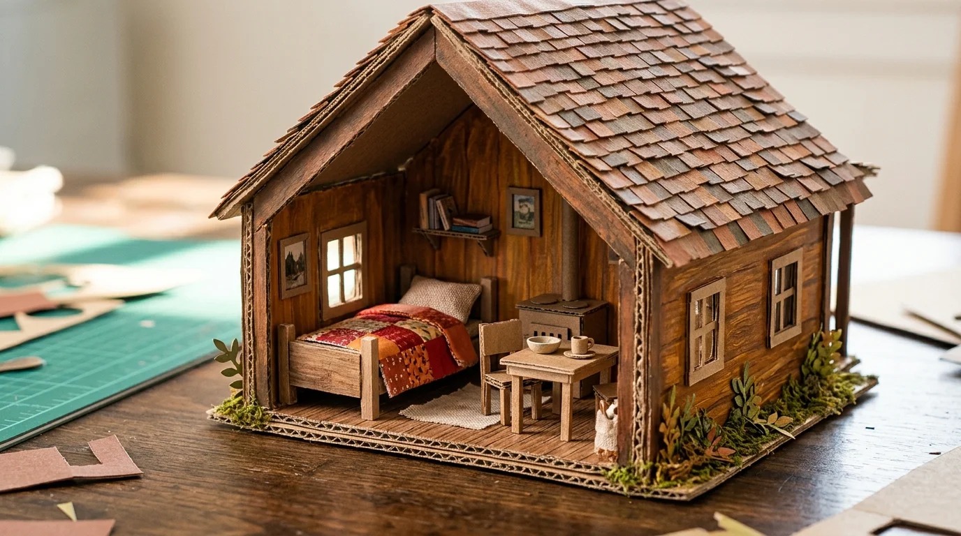 Stop motion crafts set: a cardboard cutaway cabin with a paper shingle roof