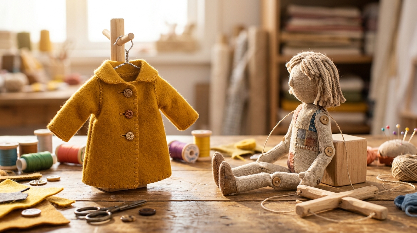 Miniature mustard felt coat with tiny embroidered buttons on a wire hanger