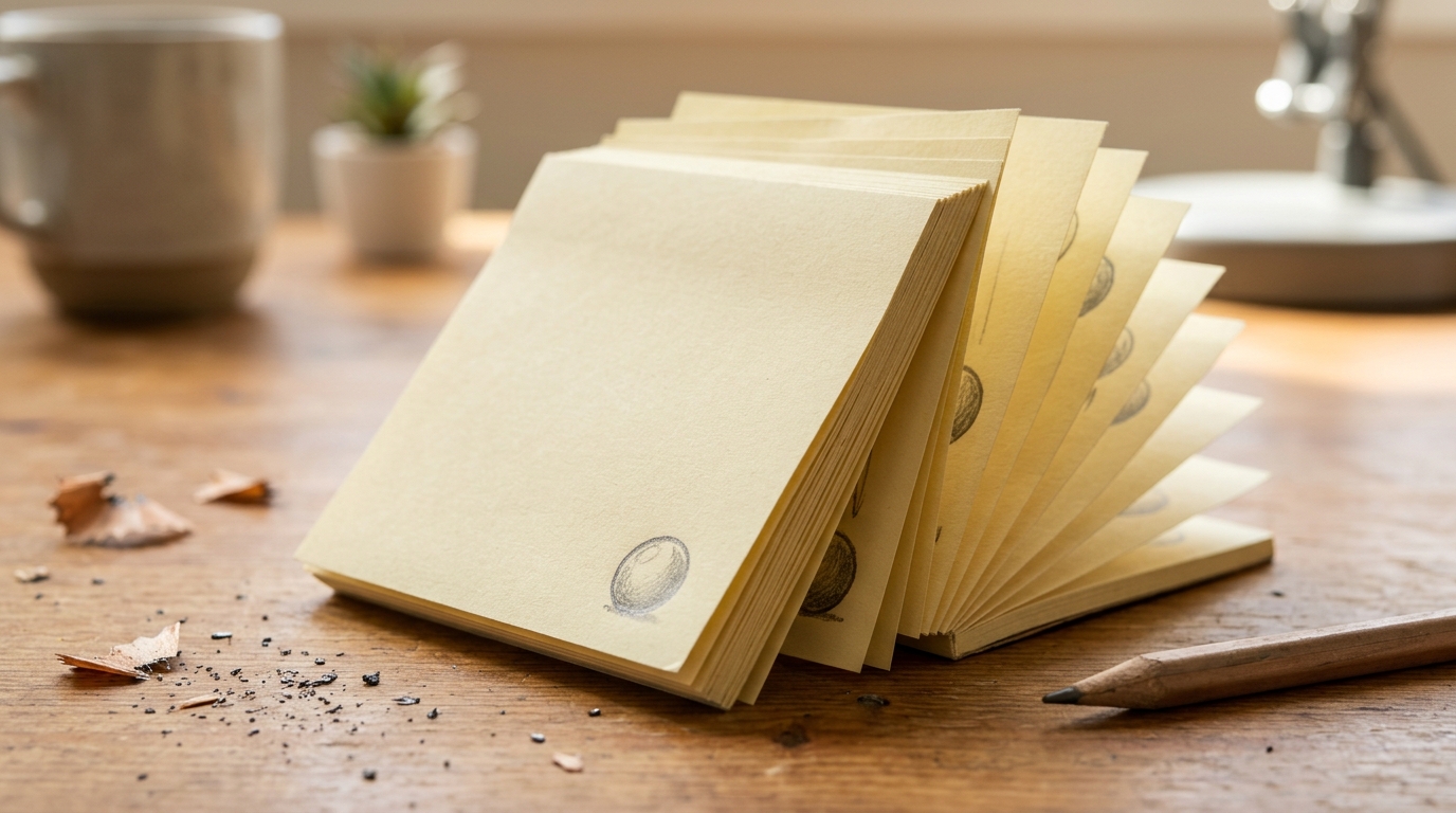 A sticky note pad flip book fanned open on a desk