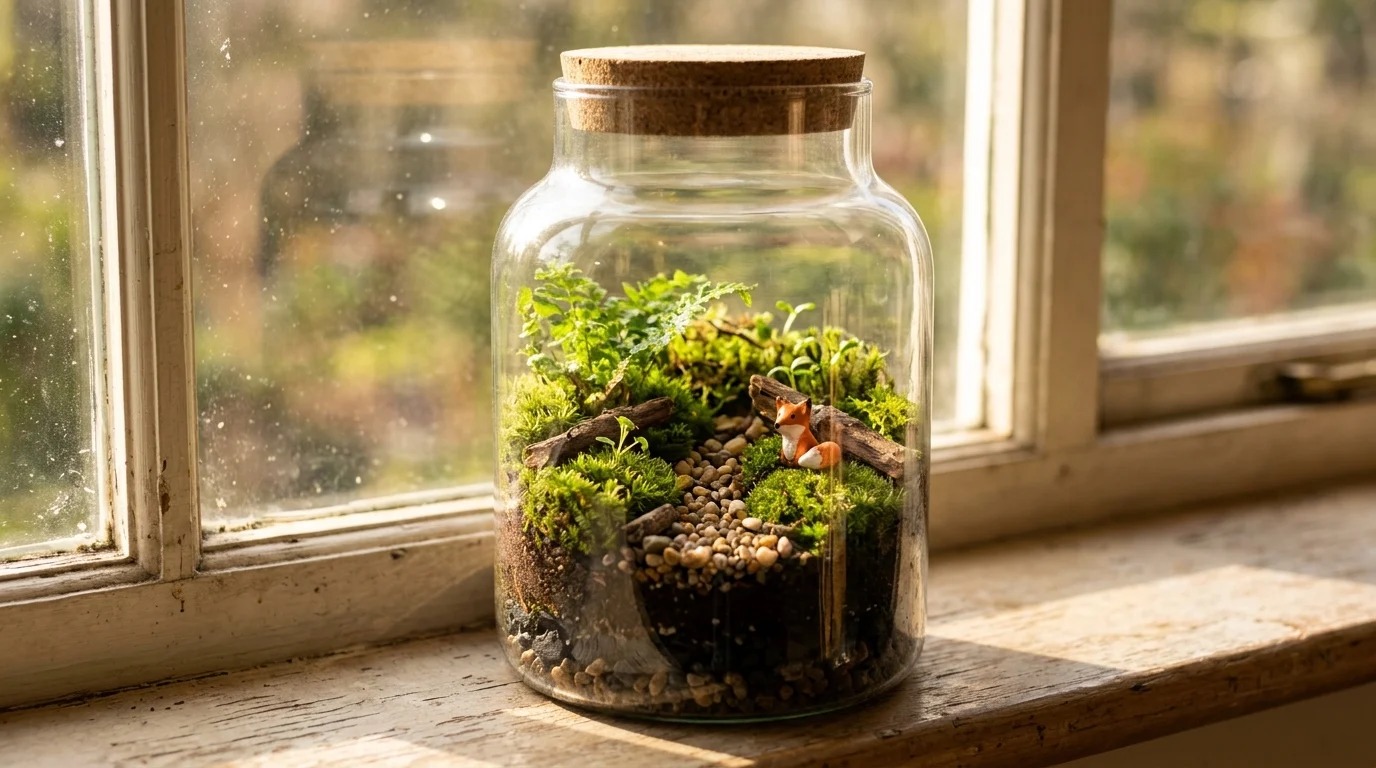 Glass jar terrarium with moss and a small clay fox on a windowsill