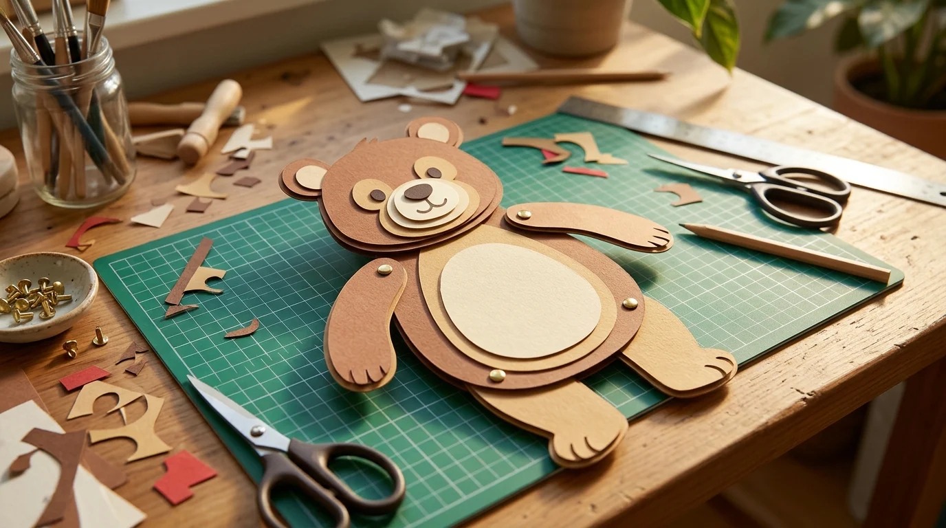Paper bear puppet with brass brad fasteners at the joints