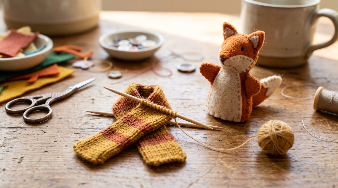 A tiny knit scarf being made on toothpicks next to a felt fox