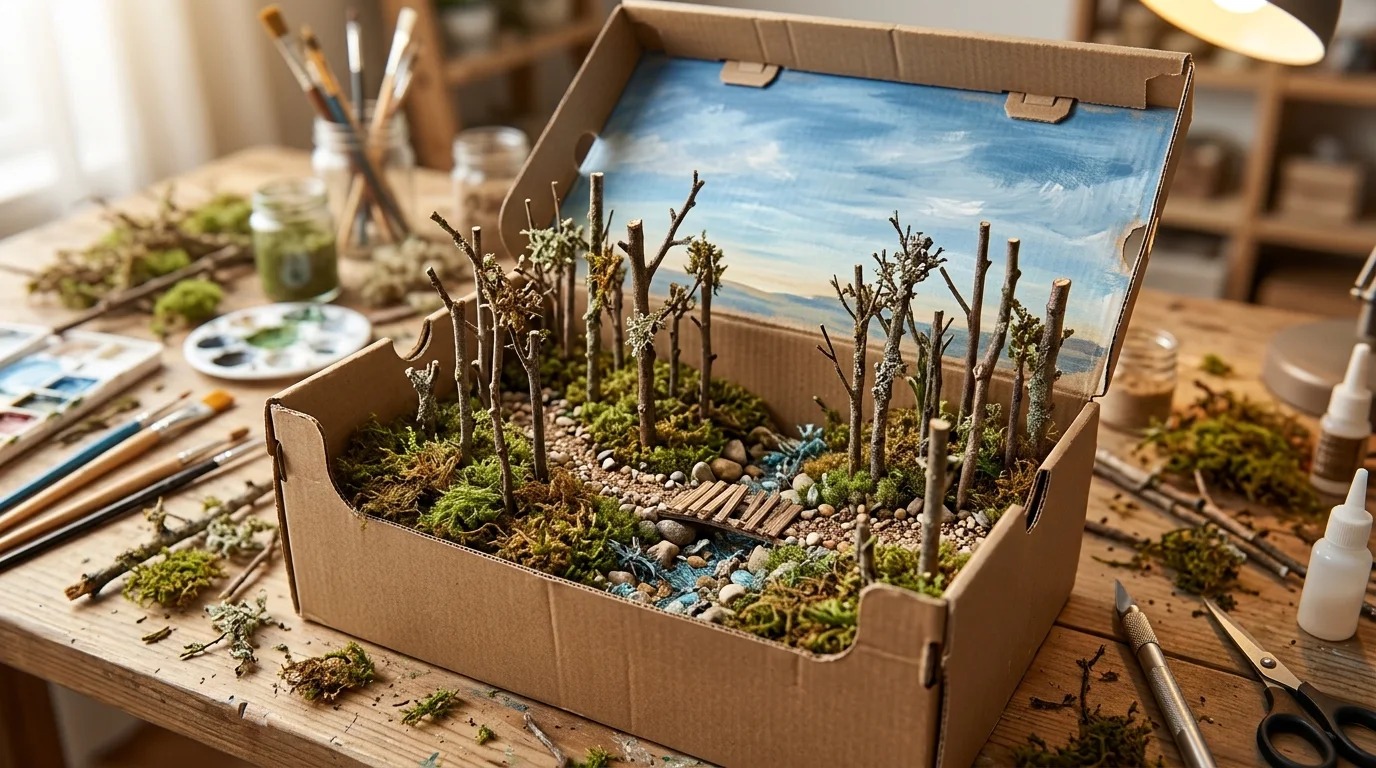 Stop motion crafts set: a mossy mini forest built inside a shoebox