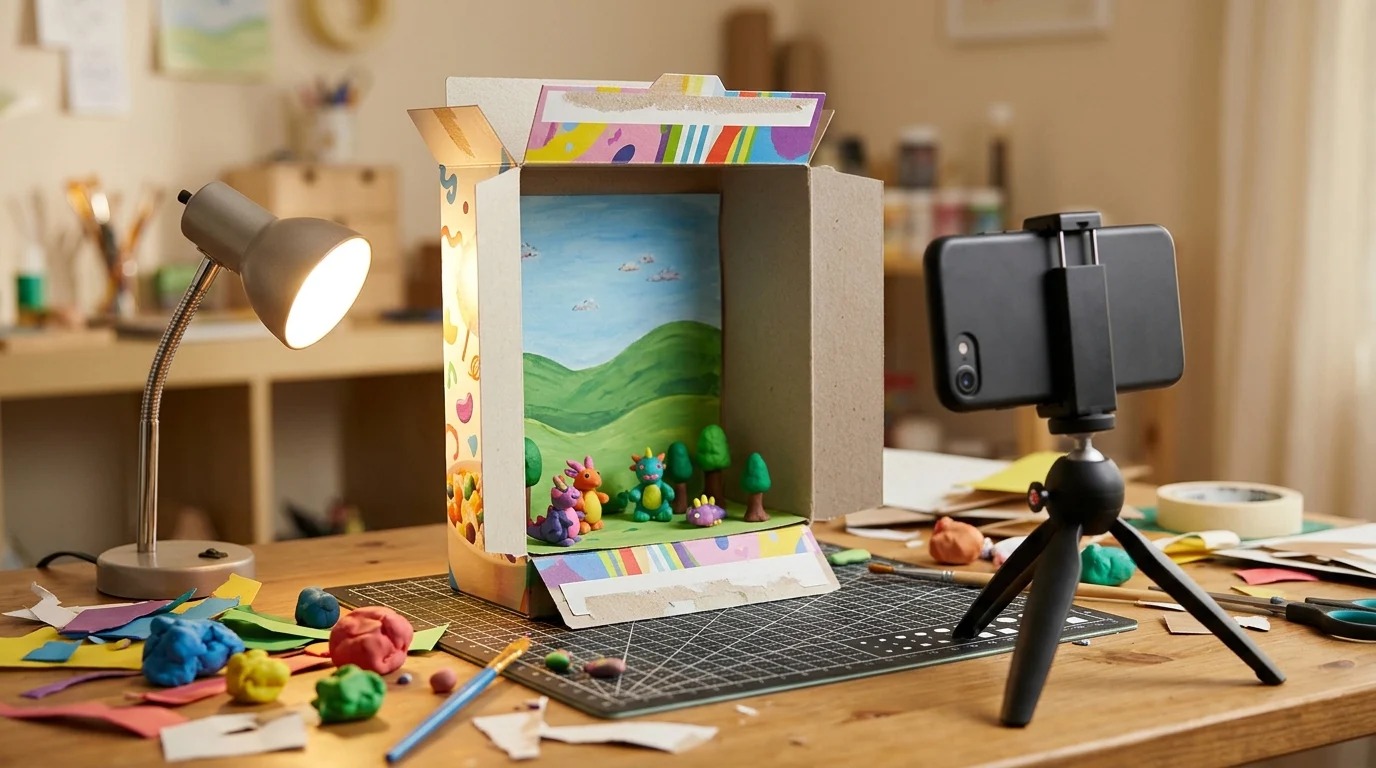 A cereal box stop motion stage with a lamp and a phone on a small tripod