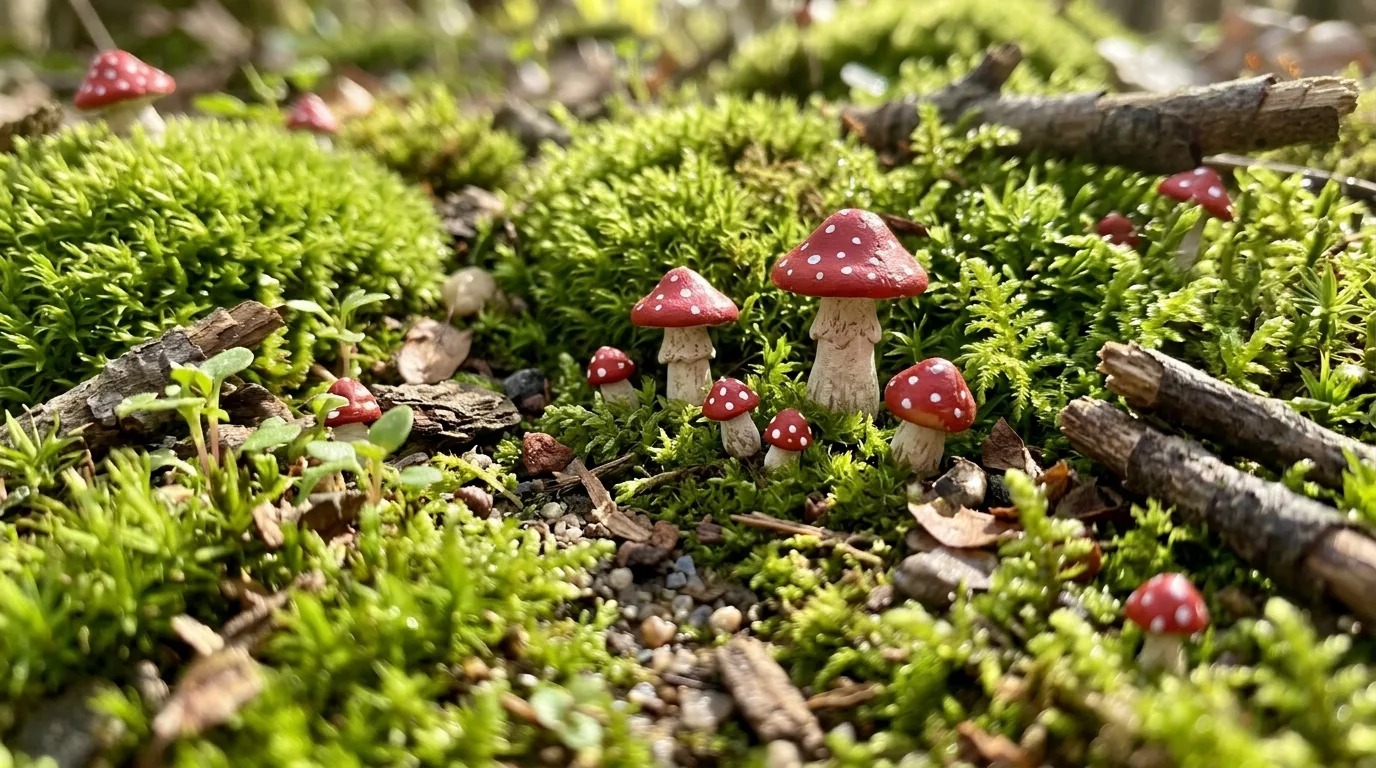 Stop motion crafts props: tiny red and white clay toadstools in moss