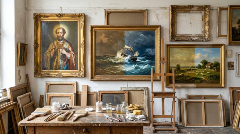 Painting restoration videos style studio wall of old oil paintings in gold frames, each half cleaned and glowing