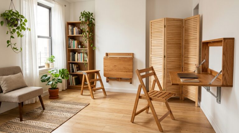 Folding furniture ideas in a small bright apartment: folding chair, fold down wall desk, fold down table, step stool and slatted screen