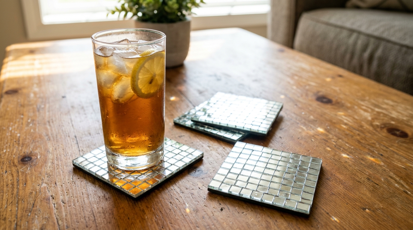 Four square mirror tile coasters on a wooden coffee table with a glass of iced tea