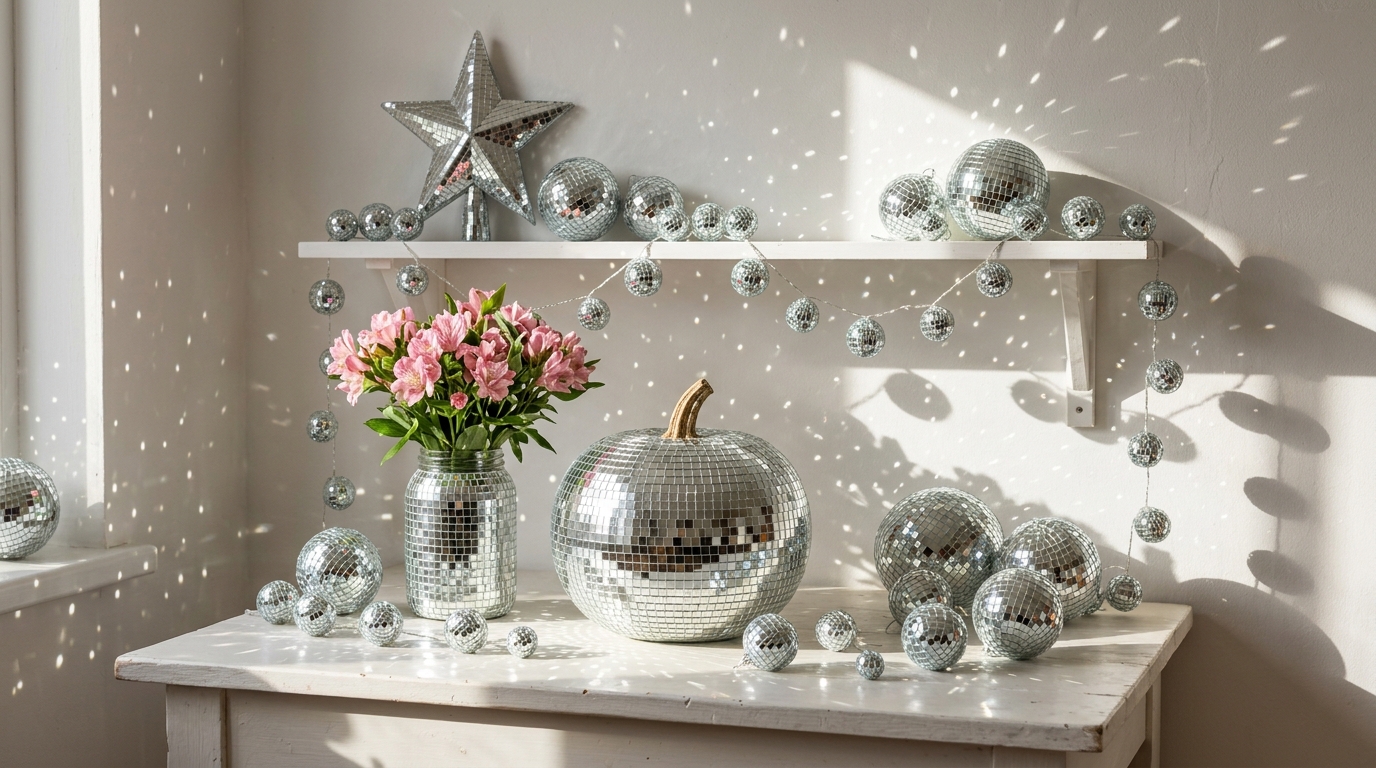 Disco ball crafts on a white shelf: a mirror tile pumpkin, disco ornaments, a mosaic vase with flowers, a star topper and a mini disco garland