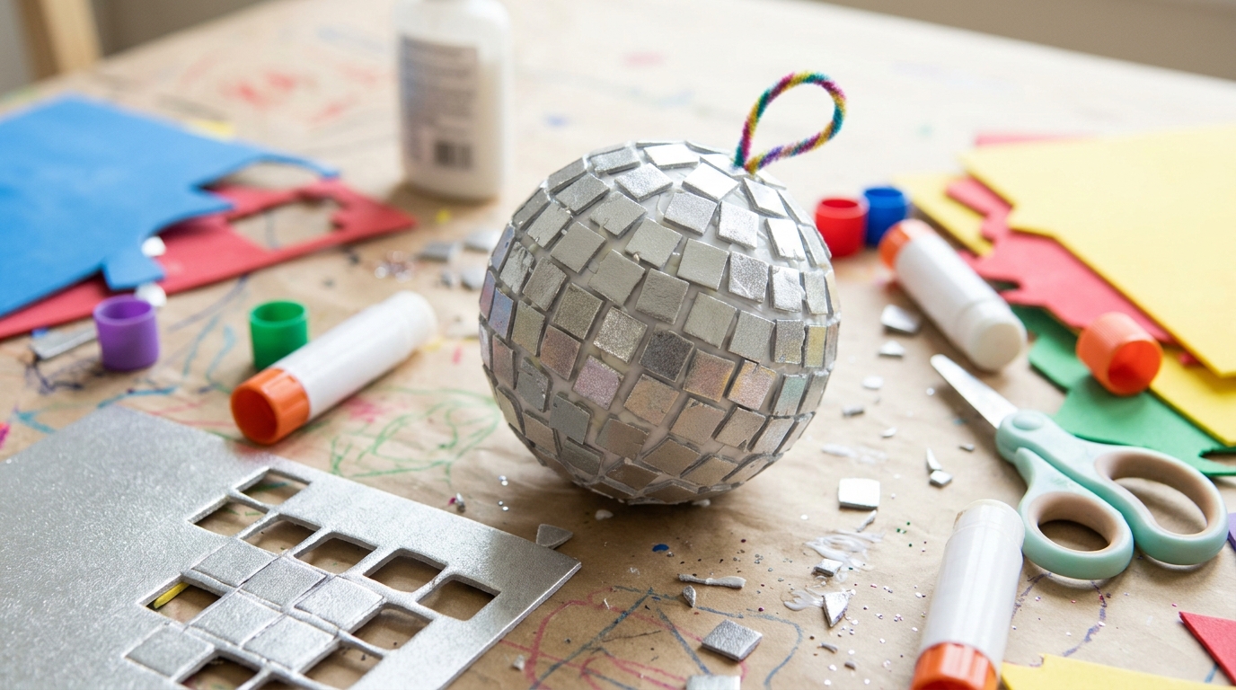 Kid friendly disco ball crafts: an ornament covered in silver craft foam squares on a craft table with glue sticks