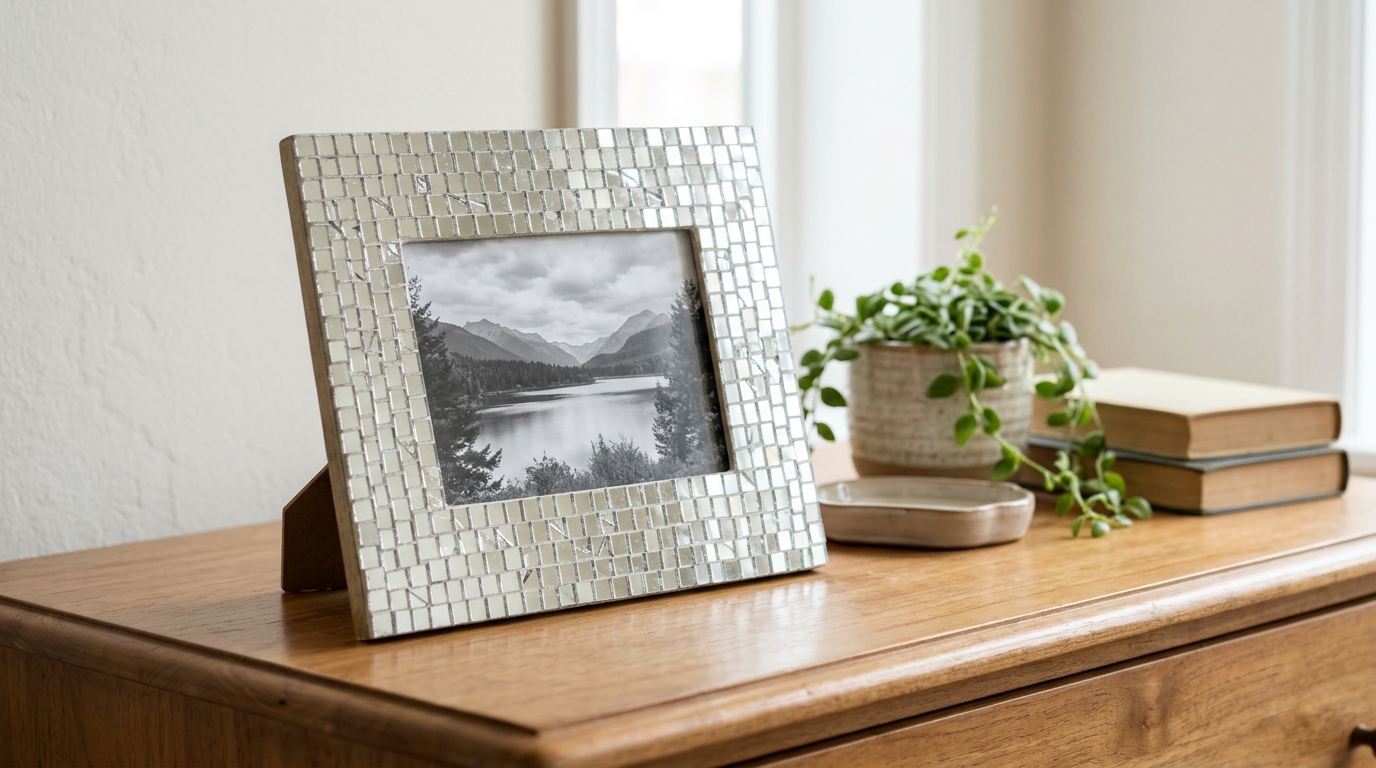 Picture frame covered in small square mirror mosaic pieces on a dresser