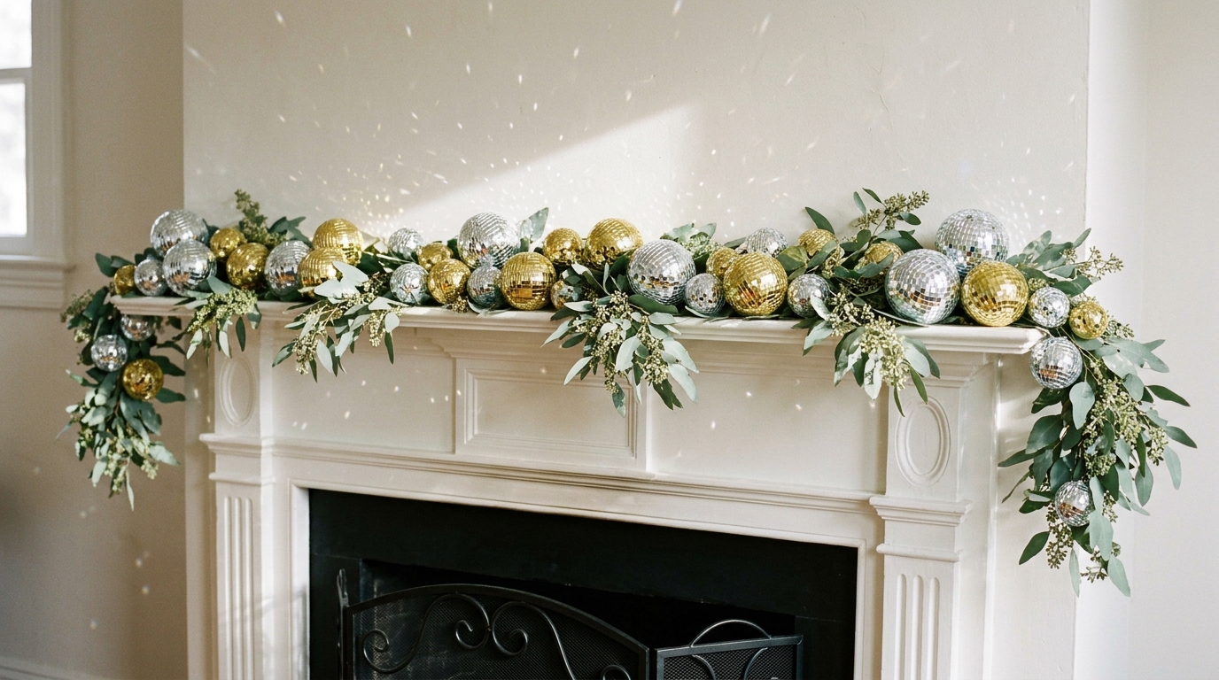 Garland of small silver and gold disco balls across a white mantel with eucalyptus