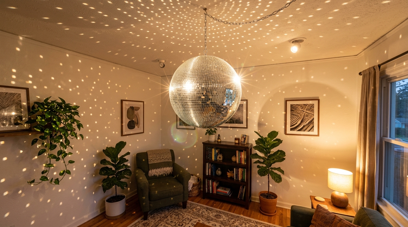 Large disco ball in a living room corner lit by a warm LED spotlight with light dots on the walls