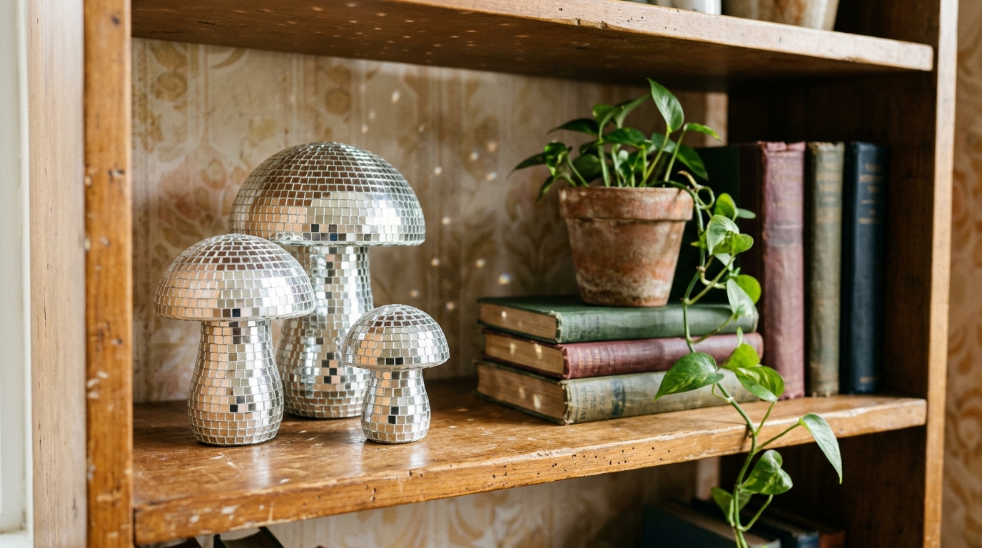 Three mushroom shaped decorations covered in small mirror tiles on a retro shelf with books