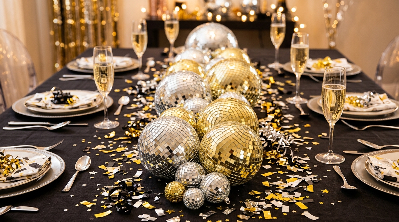 Disco ball crafts for New Year's Eve: a table with a row of mixed silver and gold disco balls as a runner and champagne glasses