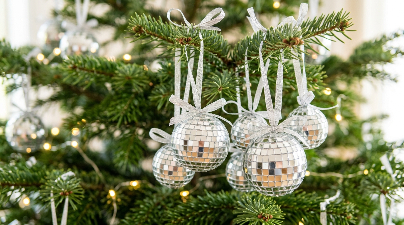 Disco ball crafts: handmade ornaments of foam balls covered in mirror squares on a Christmas tree branch