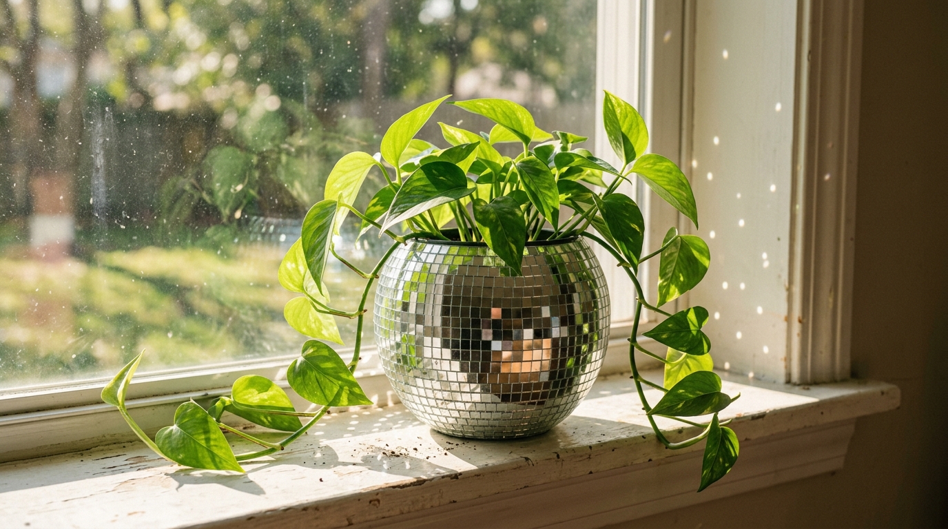 Disco ball crafts style small round pot covered in mirror tiles holding a trailing pothos plant on a sunny windowsill