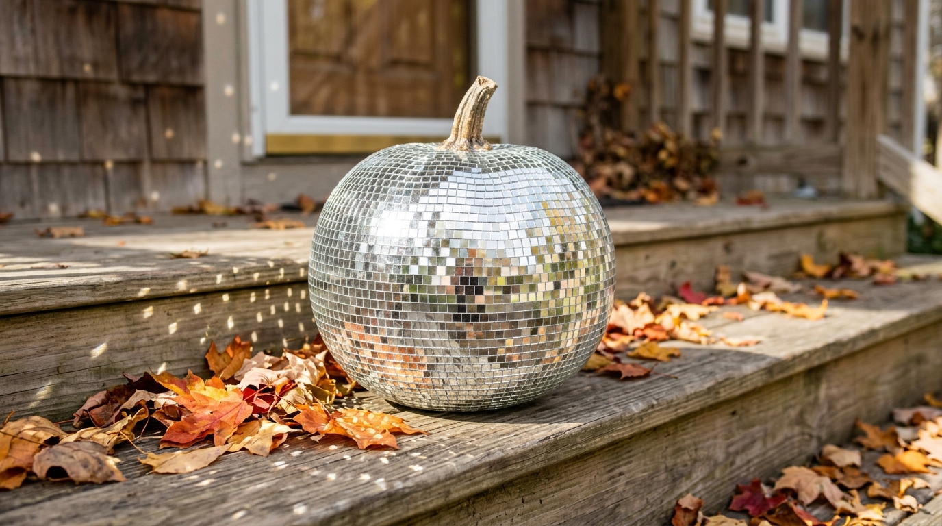 Disco ball crafts: faux pumpkin covered in tiny mirror tiles on a porch step with fall leaves