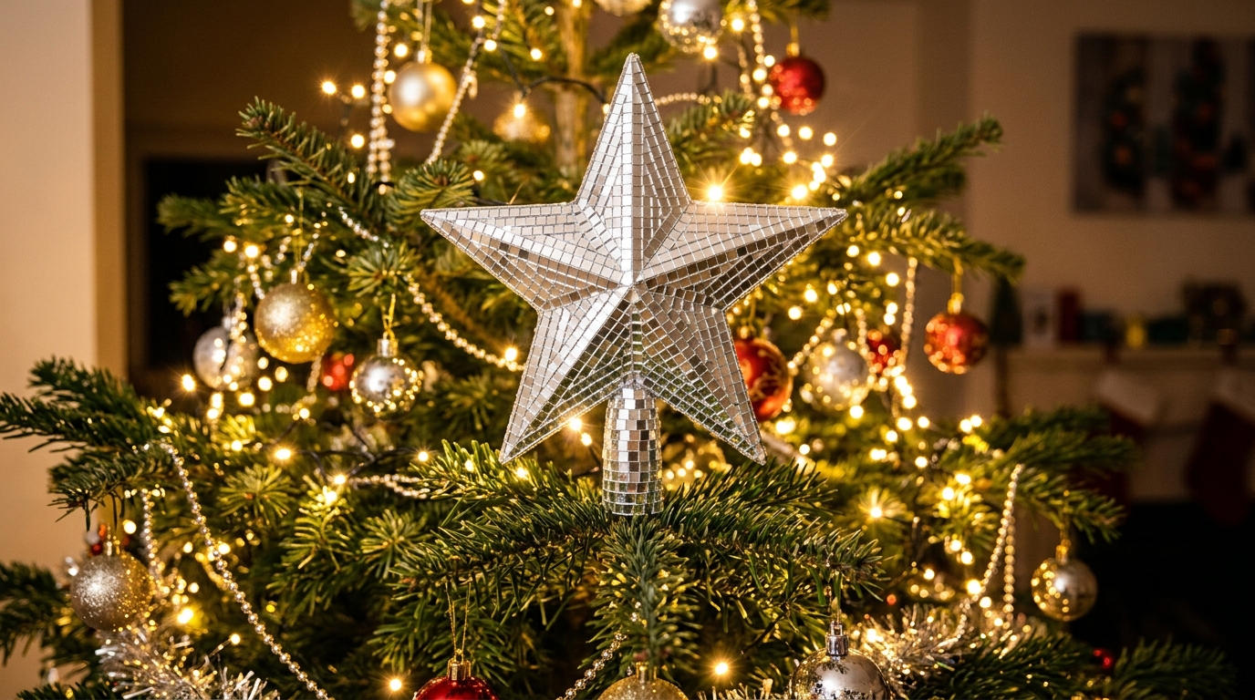 Five pointed star tree topper covered in tiny silver mirror tiles on a lit Christmas tree