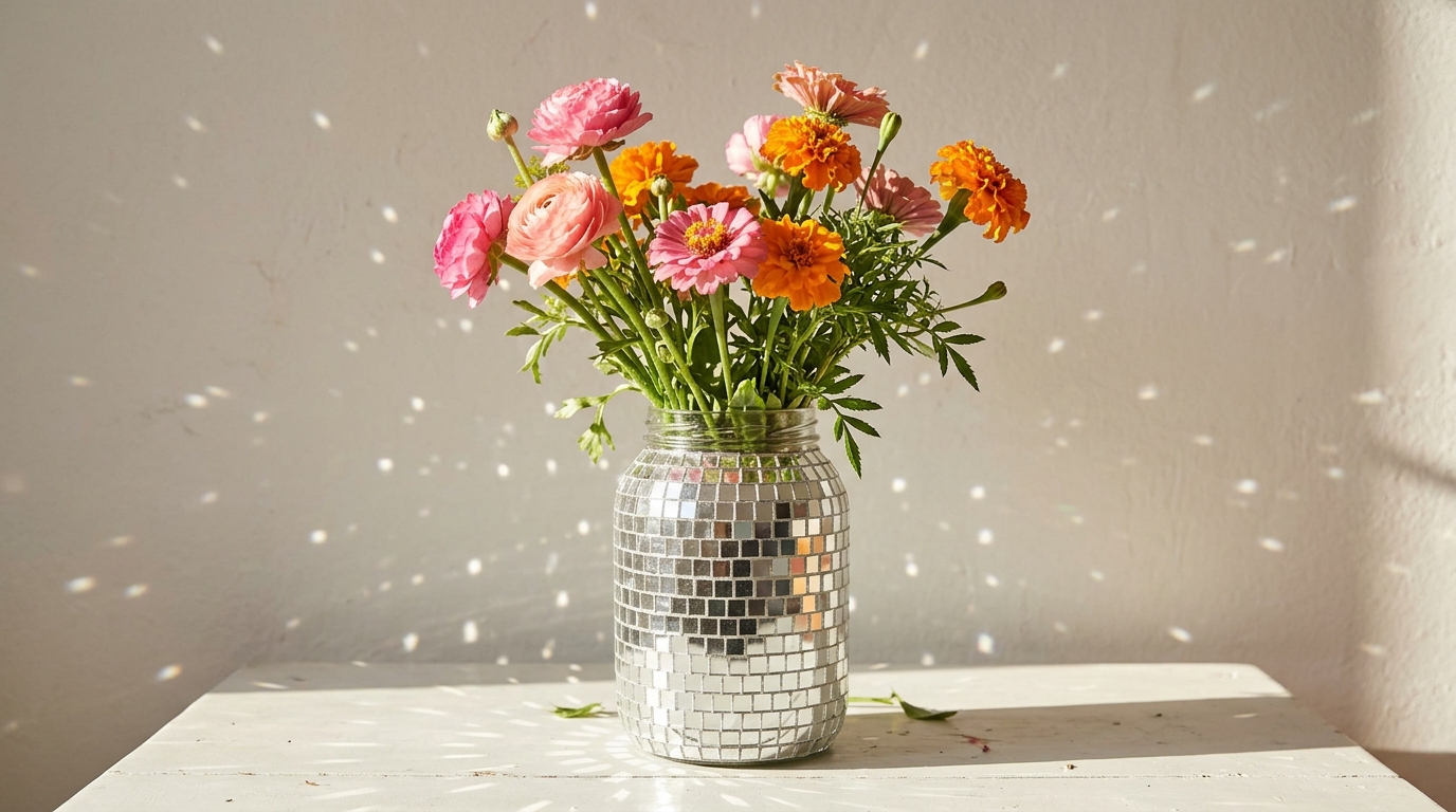 Disco ball crafts idea: thrifted glass jar covered in mirror mosaic tiles holding pink and orange flowers