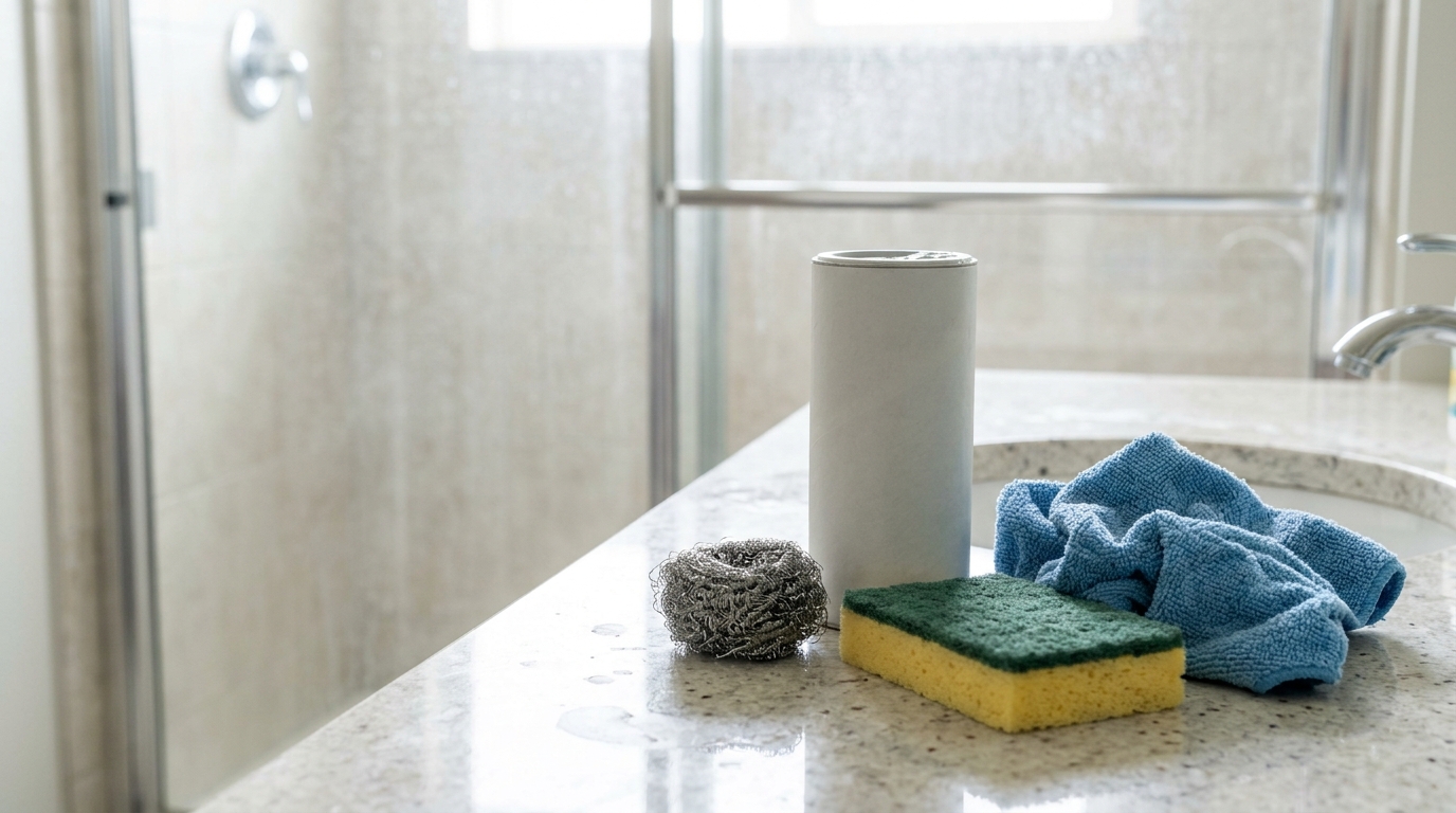 Steel wool set aside next to a soft sponge and microfiber cloth near a glass shower door
