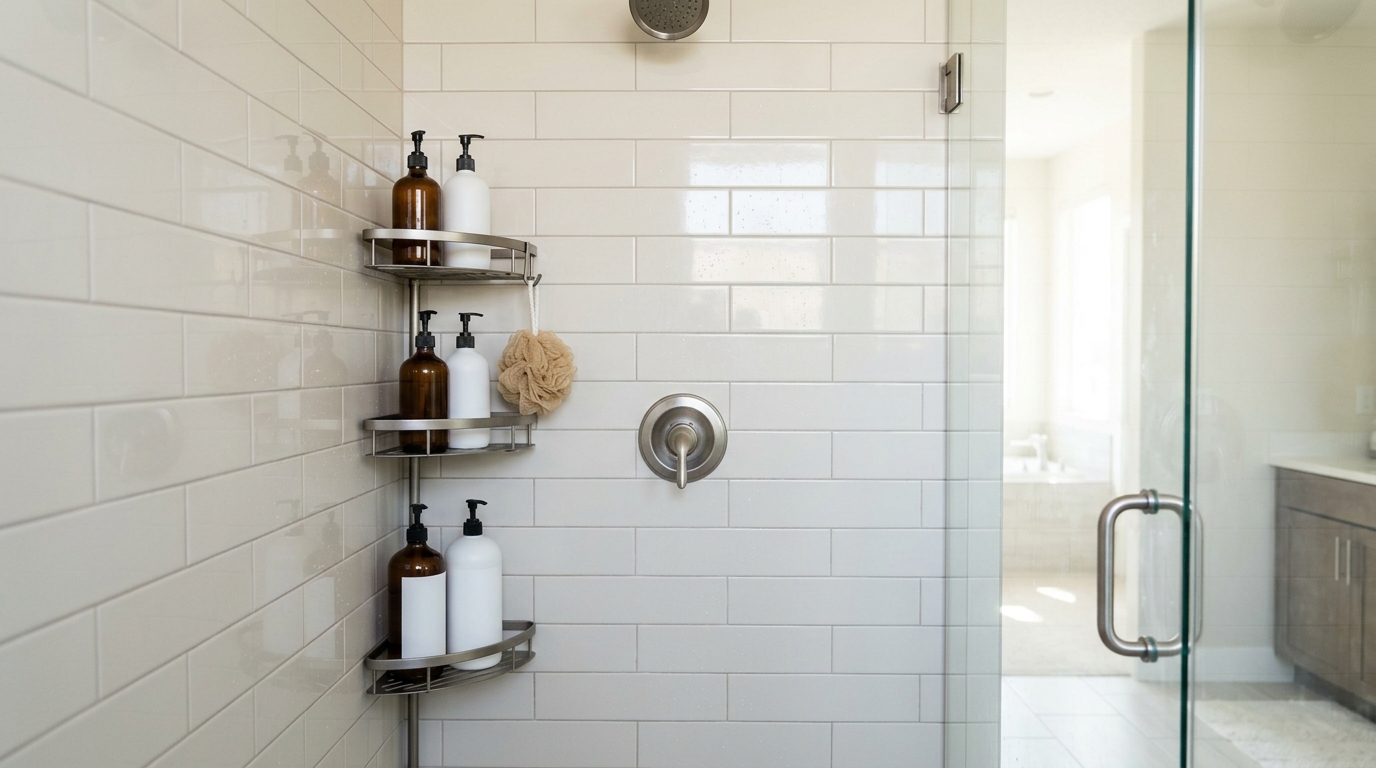 Corner shower caddy with plain pump bottles placed away from a clear glass shower door