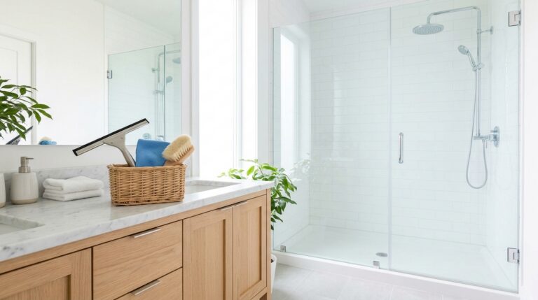 Shower cleaning hacks results: a crystal clear glass shower door, shiny chrome fixtures, bright white grout and a basket of cleaning tools