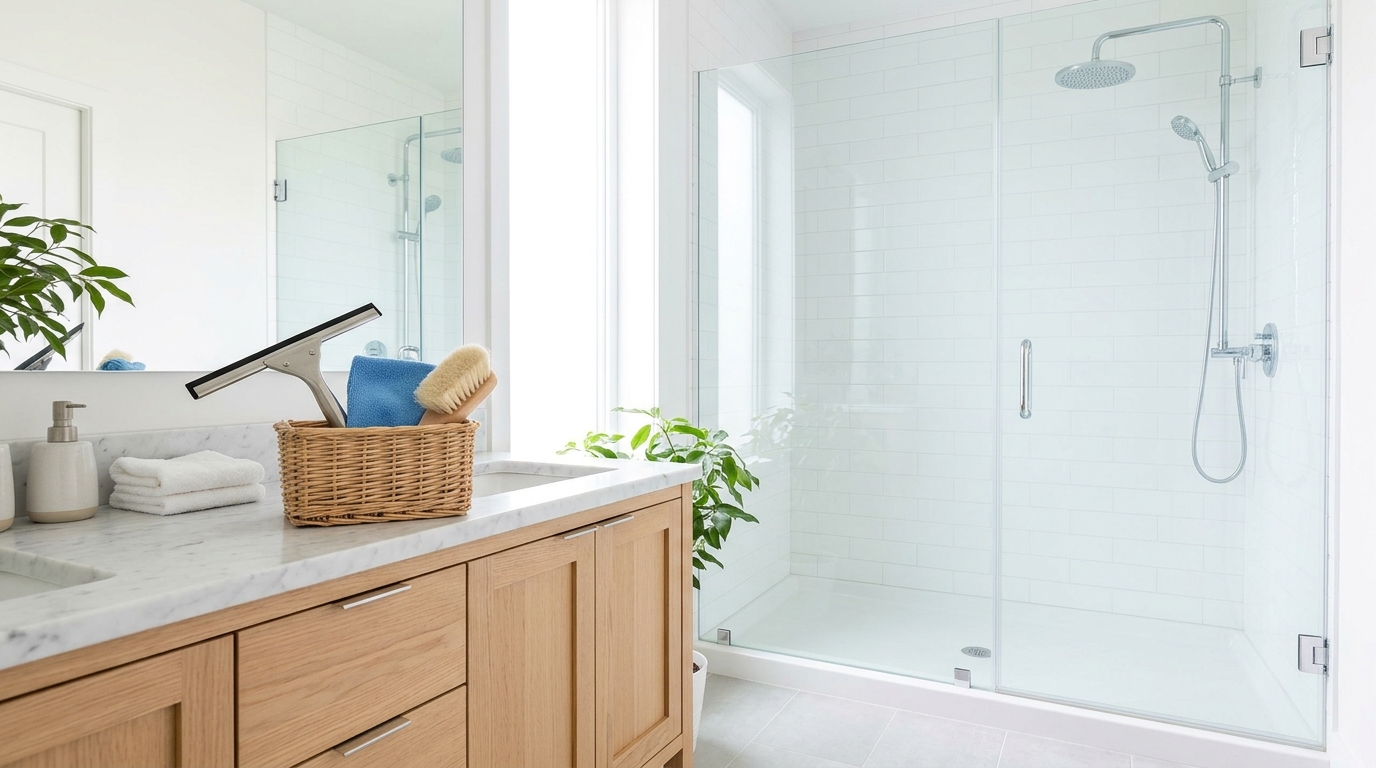 Shower cleaning hacks results: a crystal clear glass shower door, shiny chrome fixtures, bright white grout and a basket of cleaning tools