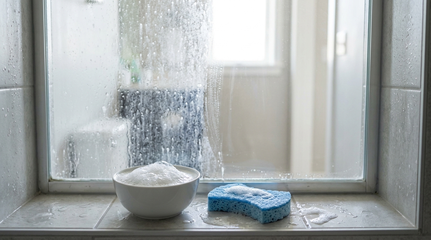 Bowl of warm soapy water and a soft sponge on a shower ledge in front of glass with soap scum half wiped away