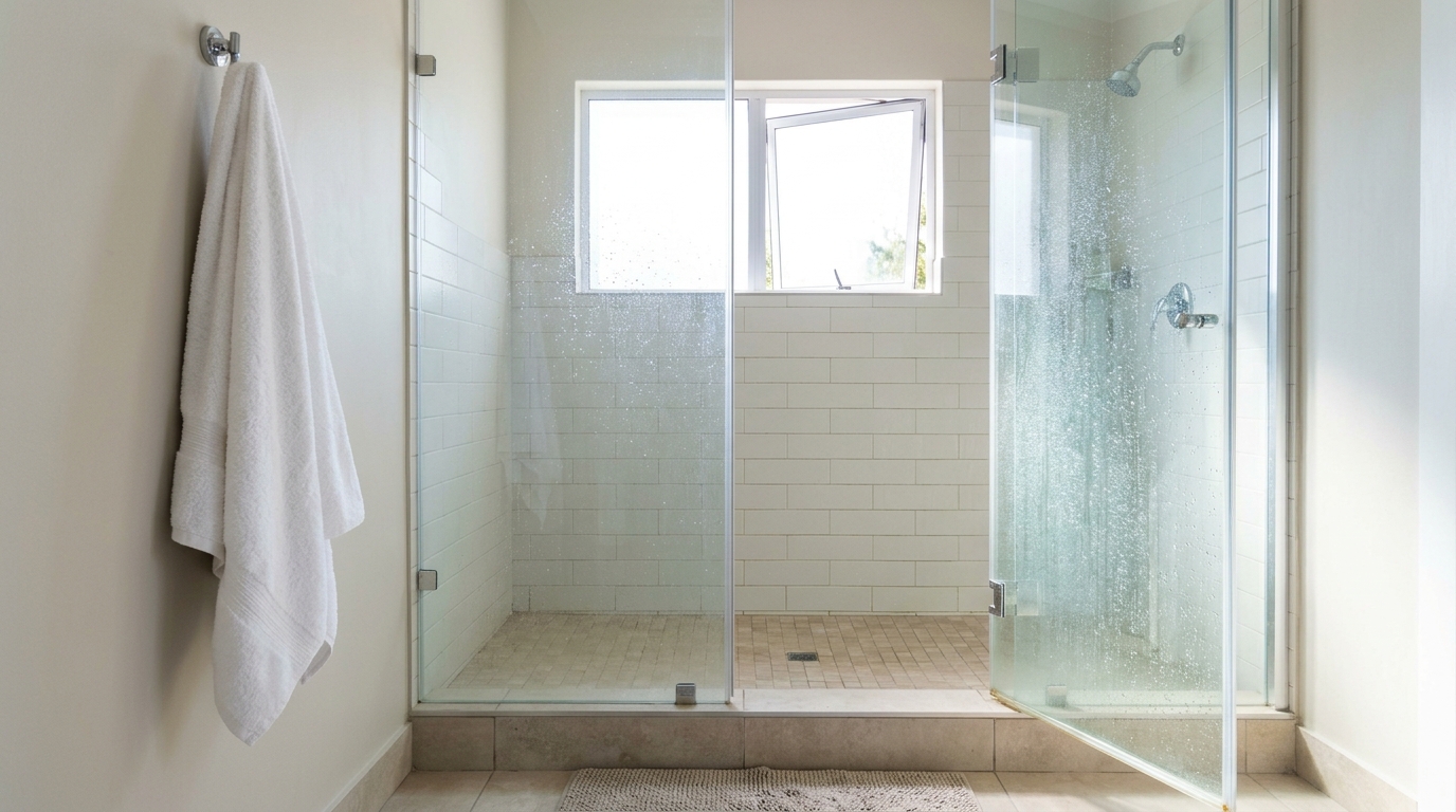 Shower cleaning hacks: glass shower door left open to dry in a bright bathroom with a window open