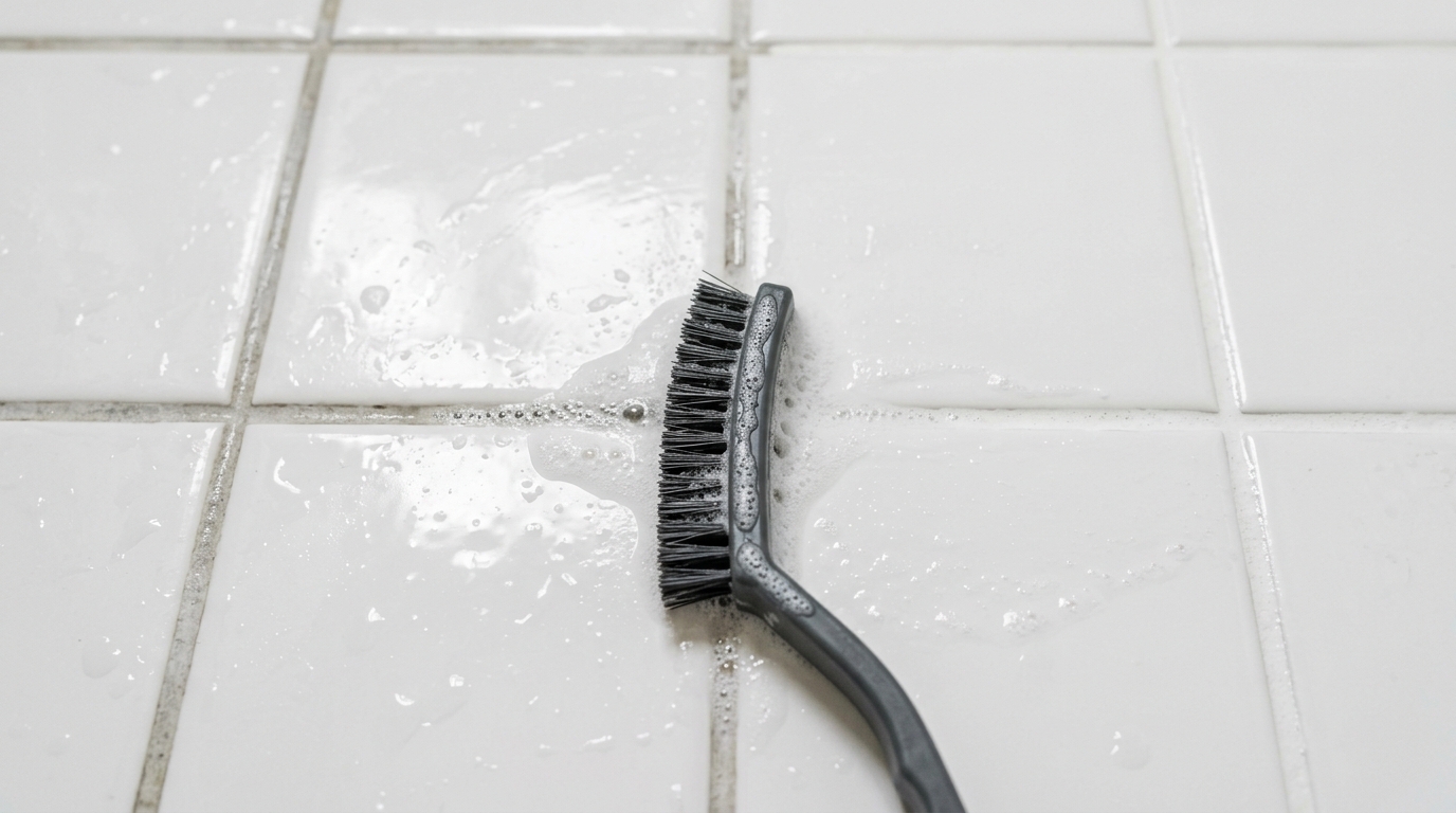Shower cleaning hacks for tile: grout brush cleaning white grout lines between shower tiles, half bright and half gray