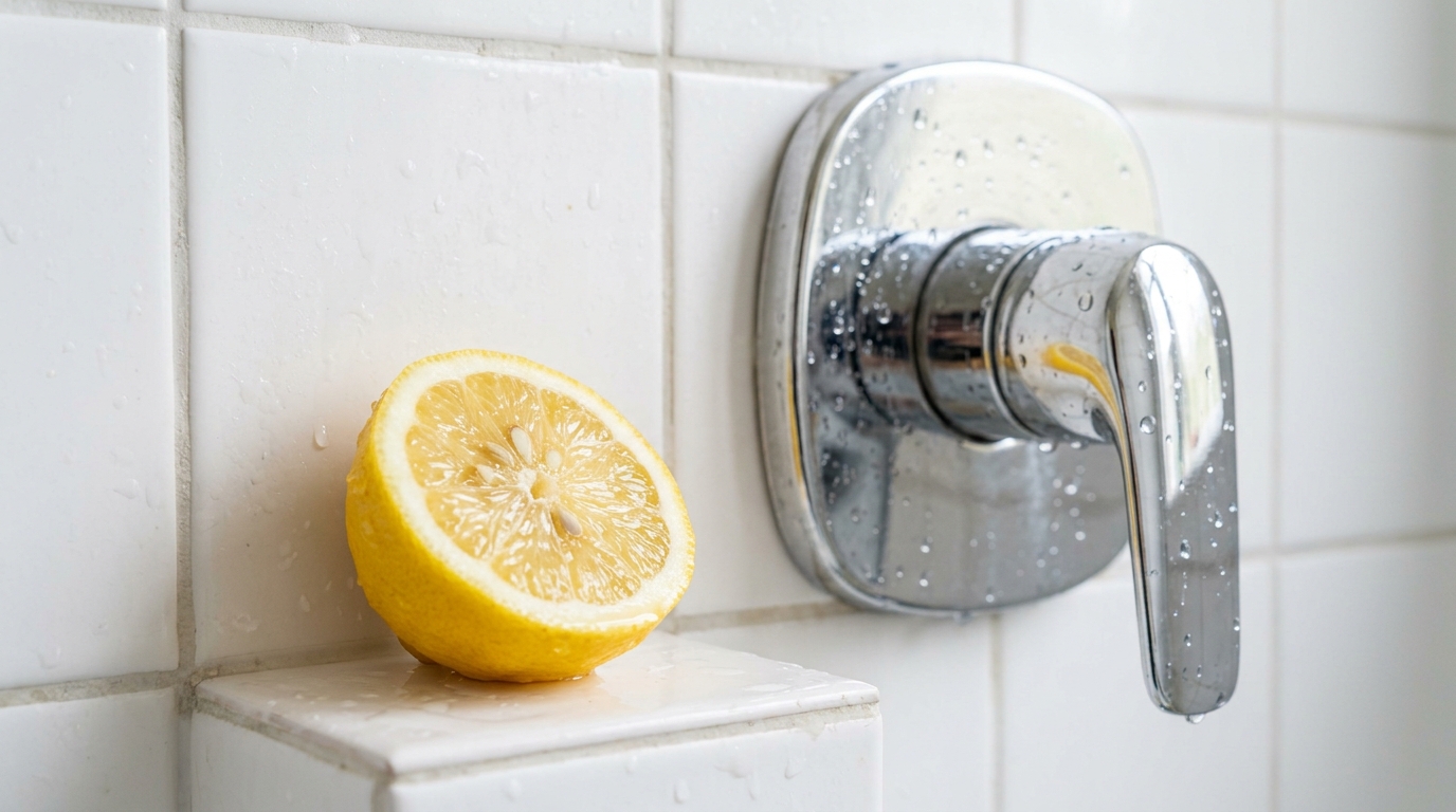 Half a lemon beside a shiny chrome shower faucet handle on a white tiled wall