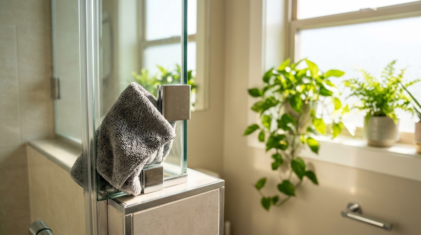 Folded microfiber cloth buffing a perfectly clear glass shower door corner