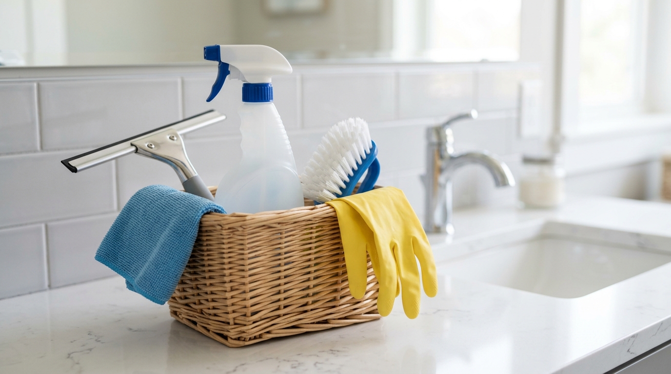 Woven basket of bathroom cleaning tools on a counter with a squeegee, spray bottle, cloth, grout brush and gloves