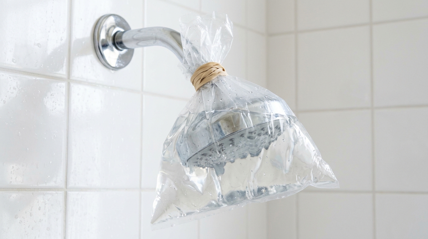 Chrome shower head soaking in a plastic bag of white vinegar tied with a rubber band