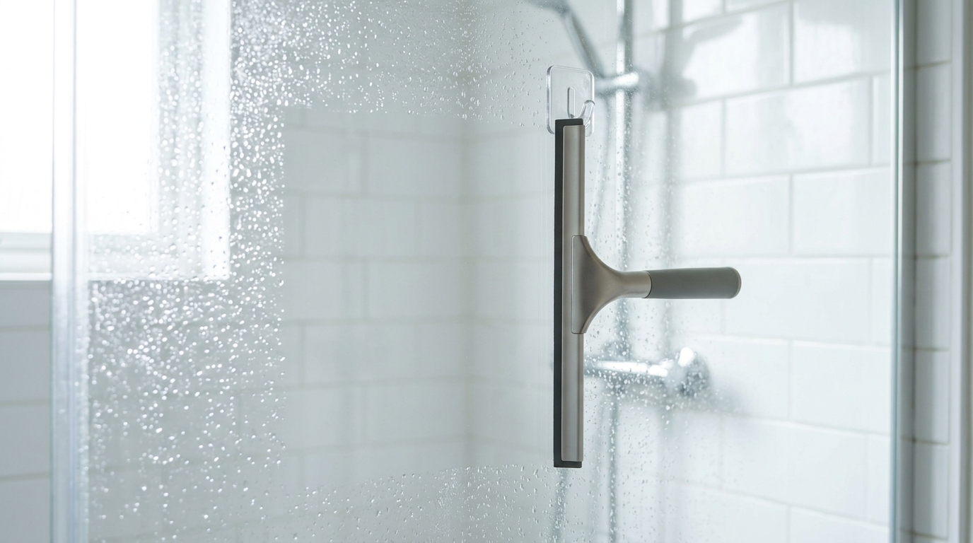 Shower cleaning hacks: rubber squeegee on a hook inside a glass shower door clearing water drops