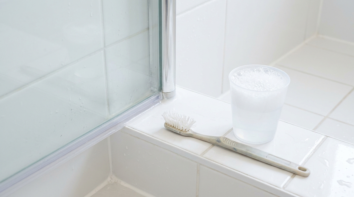 Old toothbrush and a cup of soapy water next to the corner seal of a glass shower door