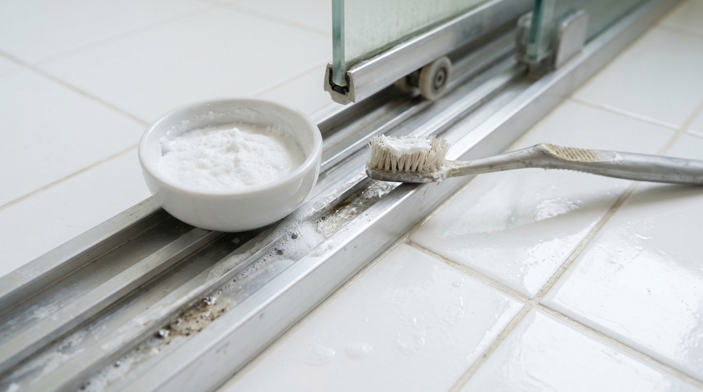 Shower cleaning hacks for the door track: baking soda paste and an old toothbrush resting on the track