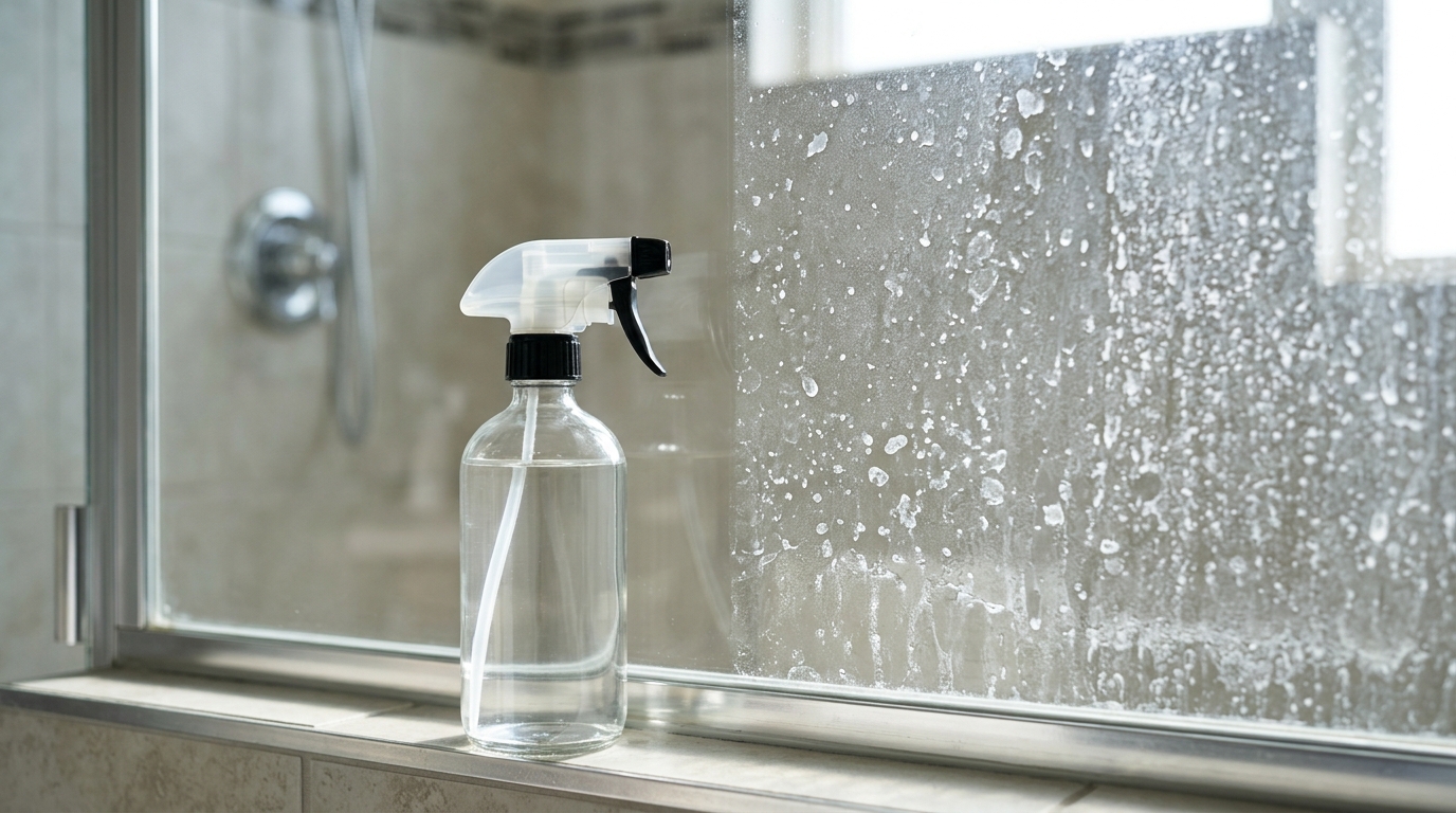 Shower cleaning hacks: plain spray bottle of white vinegar on a shower ledge beside a cleaned glass section and a cloudy section