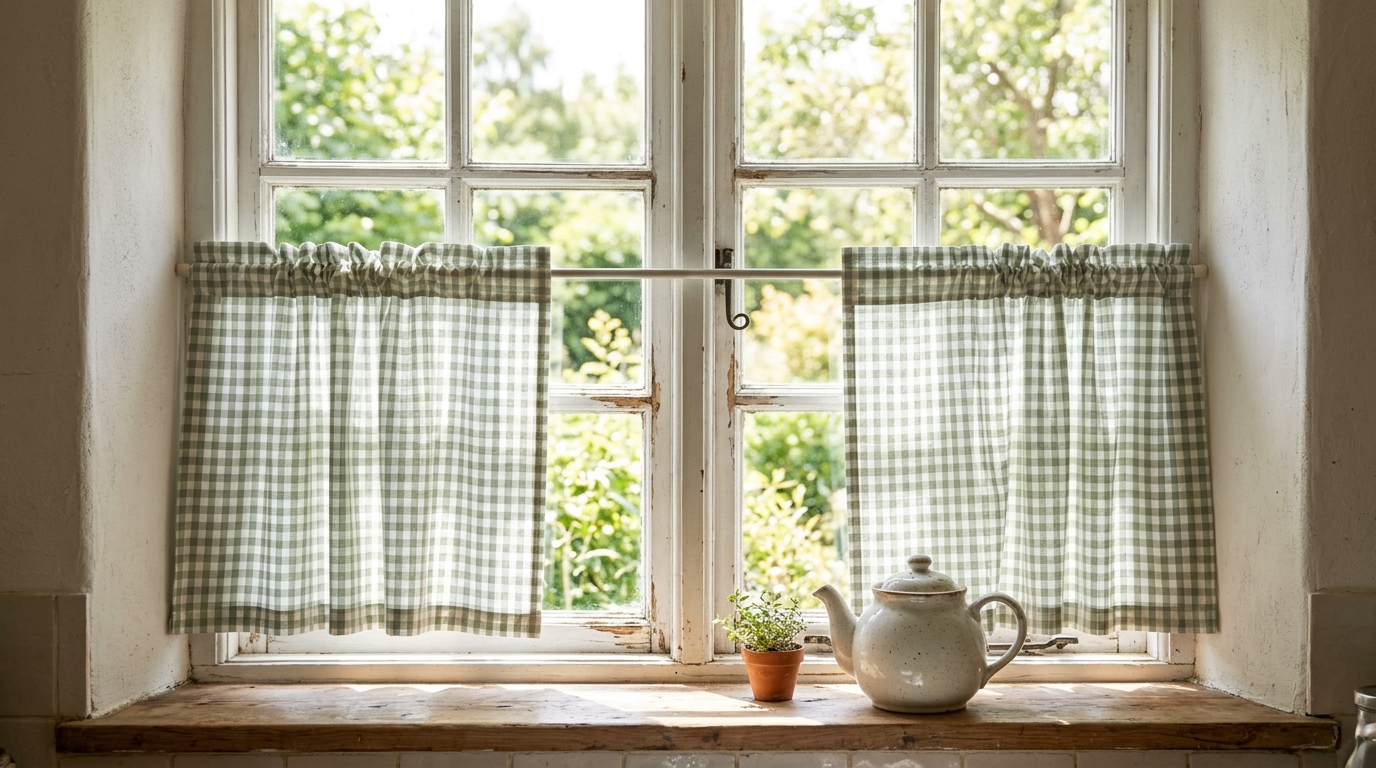 Cozy cottage decor: short white and green gingham cafe curtains on a tension rod across a cottage kitchen window