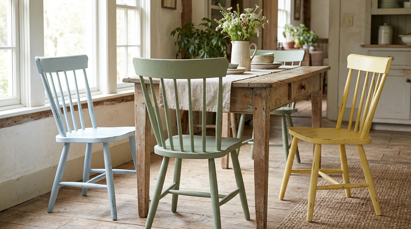 Cozy cottage decor style kitchen chairs painted pale blue, sage green and butter yellow around a farmhouse table